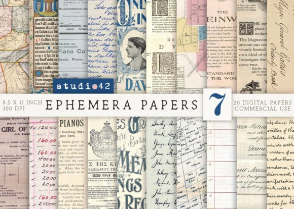 Antique Paper Ephemera Pack V7: 20 Vintage Digital Papers
