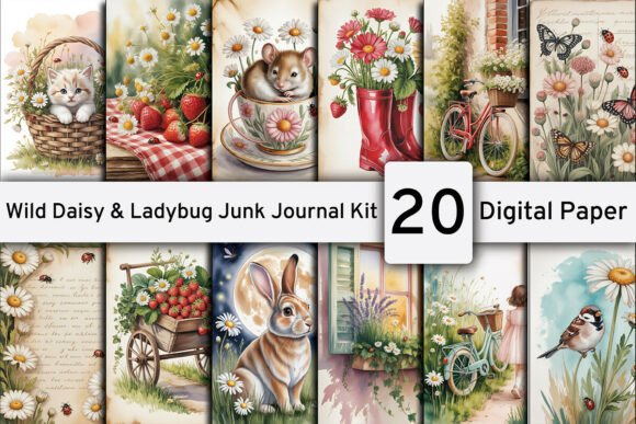 Charming Nature-Inspired Backgrounds with Wild Daisy & Ladybug Junk Journal Kit